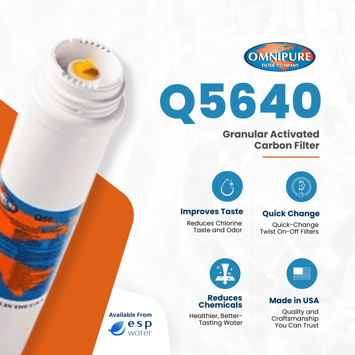 Omnipure Q5640 GAC filter benefits for reducing chlorine, taste and odor
