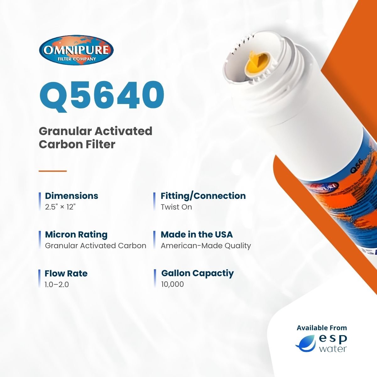Omnipure Q5640 specifications for a 2.5 x 12 inch Q-Series granular activated carbon cartridge