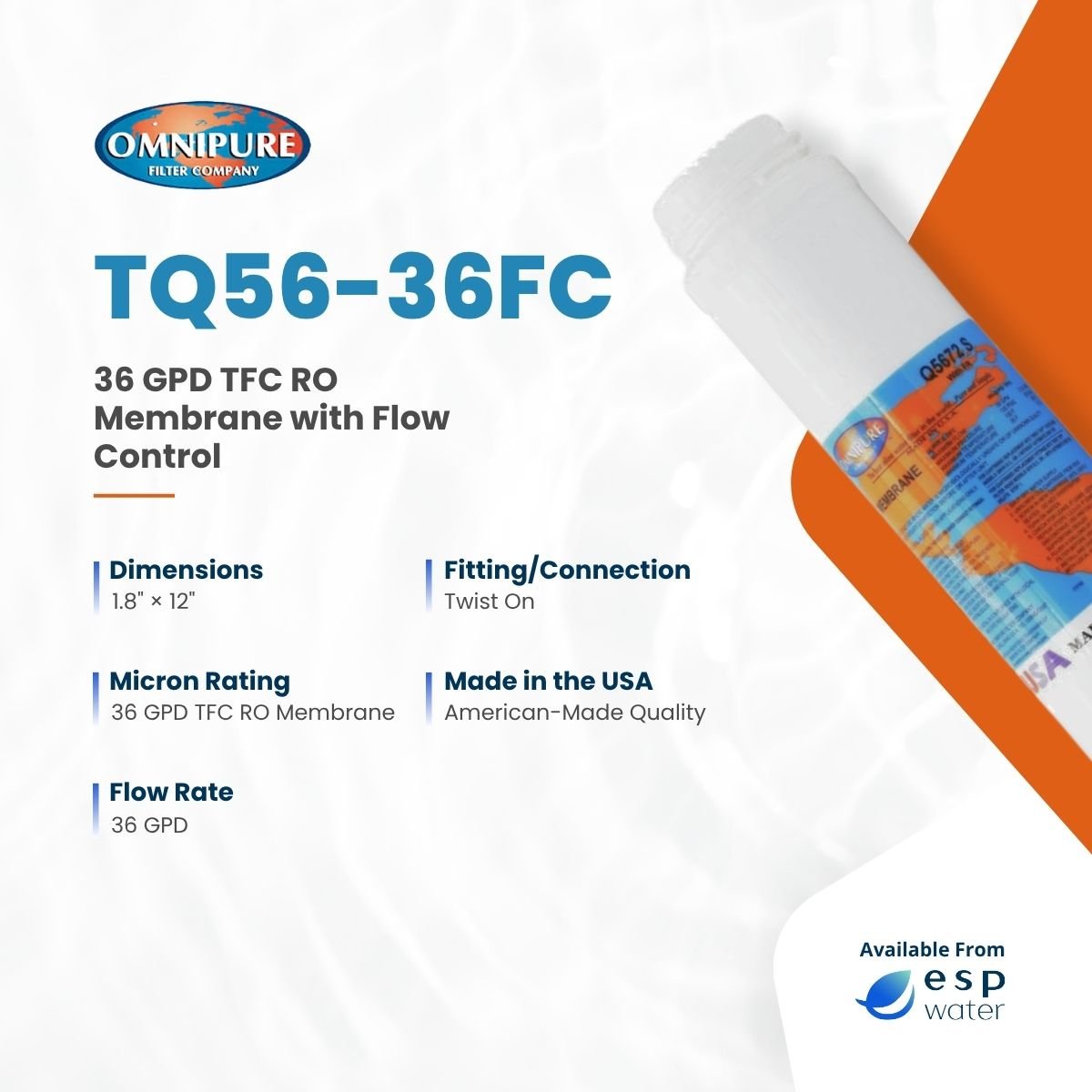 Omnipure TQ56-36FC 36 GPD reverse osmosis membrane specifications