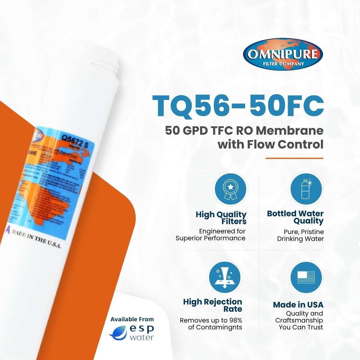 Omnipure TQ56-50FC RO membrane benefits with built-in flow restrictor and check valve