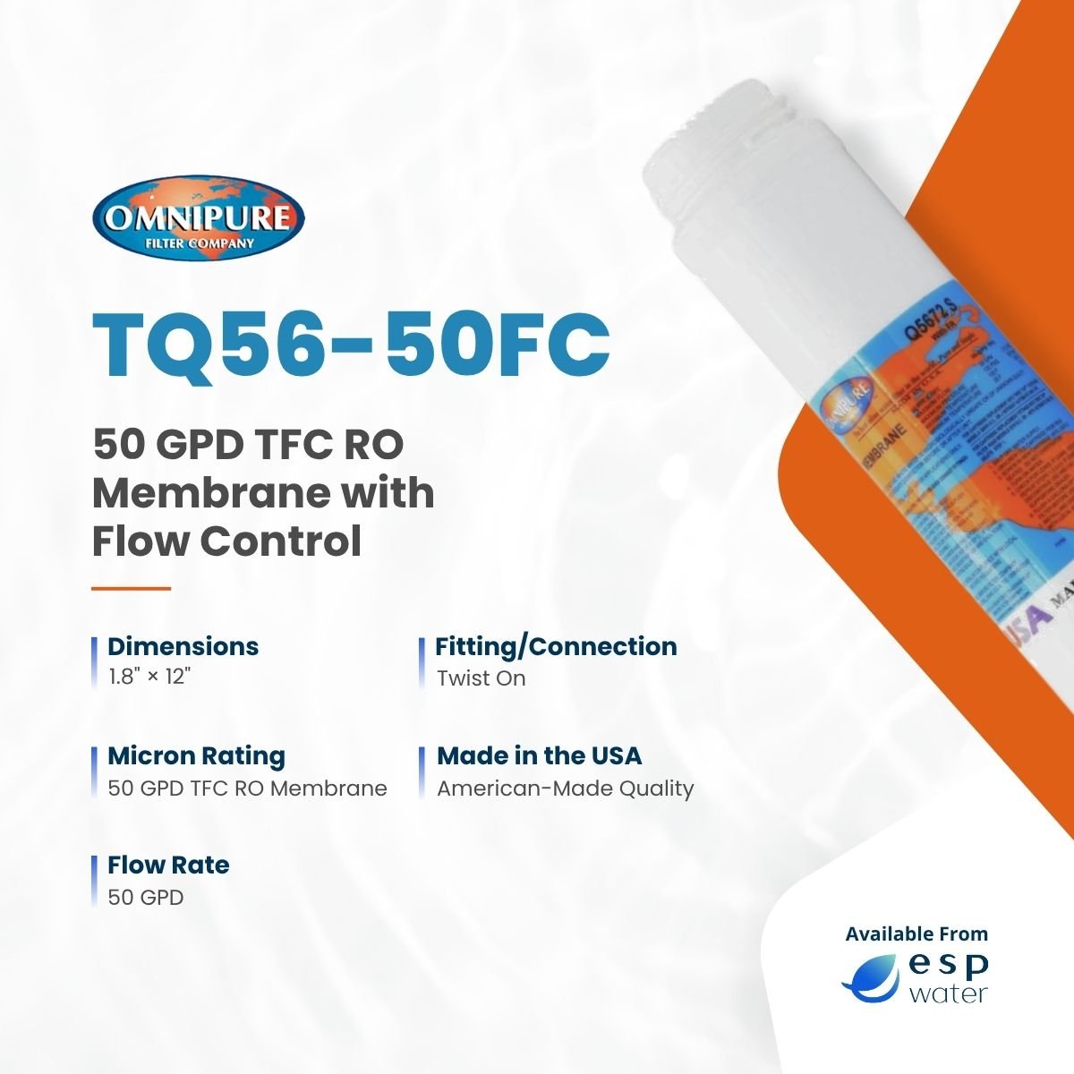 Omnipure TQ56-50FC Q5672-50FC 50 GPD reverse osmosis membrane specifications