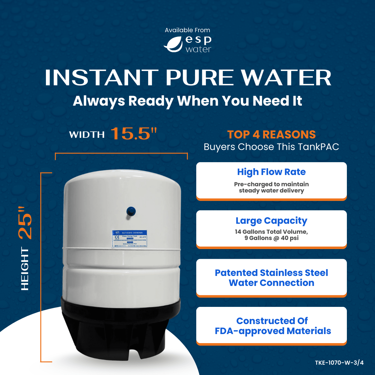 RO - 1070 - 3/4 RO Water Storage Pressure Tank 14 Gal TKE-1070-W-3/4 - ESP Water