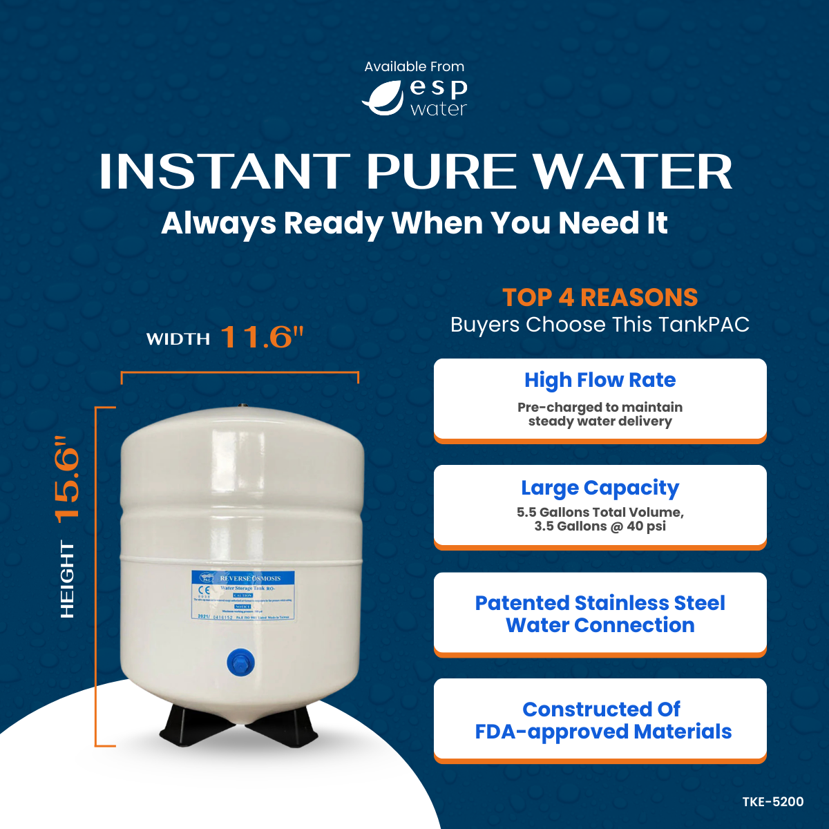 PAE RO-152 TKE-5200 5.5-gallon RO storage tank specifications