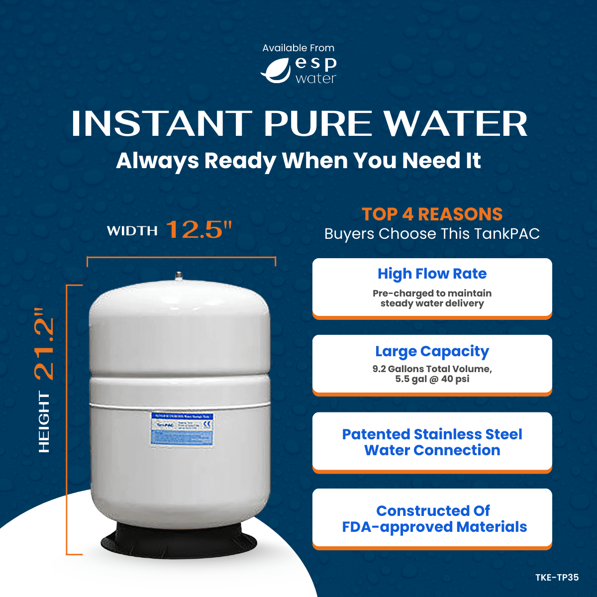 PAE TP-35 reverse osmosis storage tank specifications and pressure-capacity information