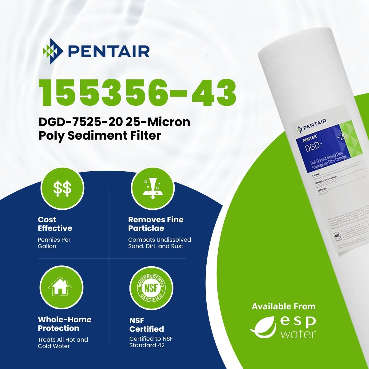 Pentair DGD-7525-20 sediment filter benefits for high dirt-holding capacity in 20-inch Big Blue-style housings