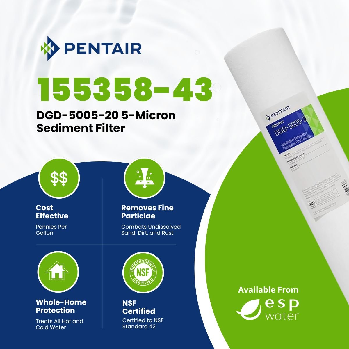 Pentair DGD-5005-20 sediment filter benefits for high dirt-holding capacity in 20-inch Big Blue-style housings