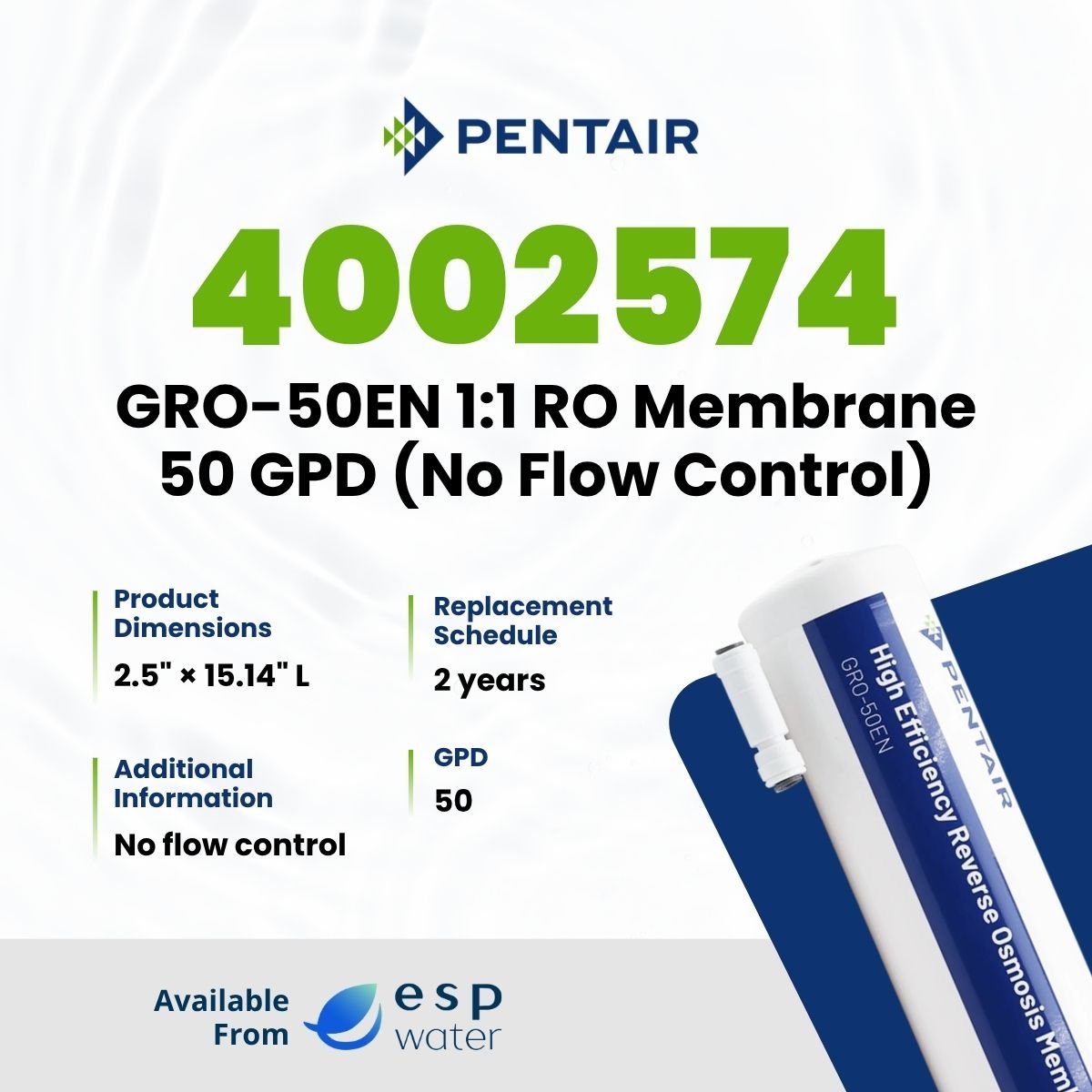 Pentair 4002574 GRO-50EN 50 GPD reverse osmosis membrane specifications
