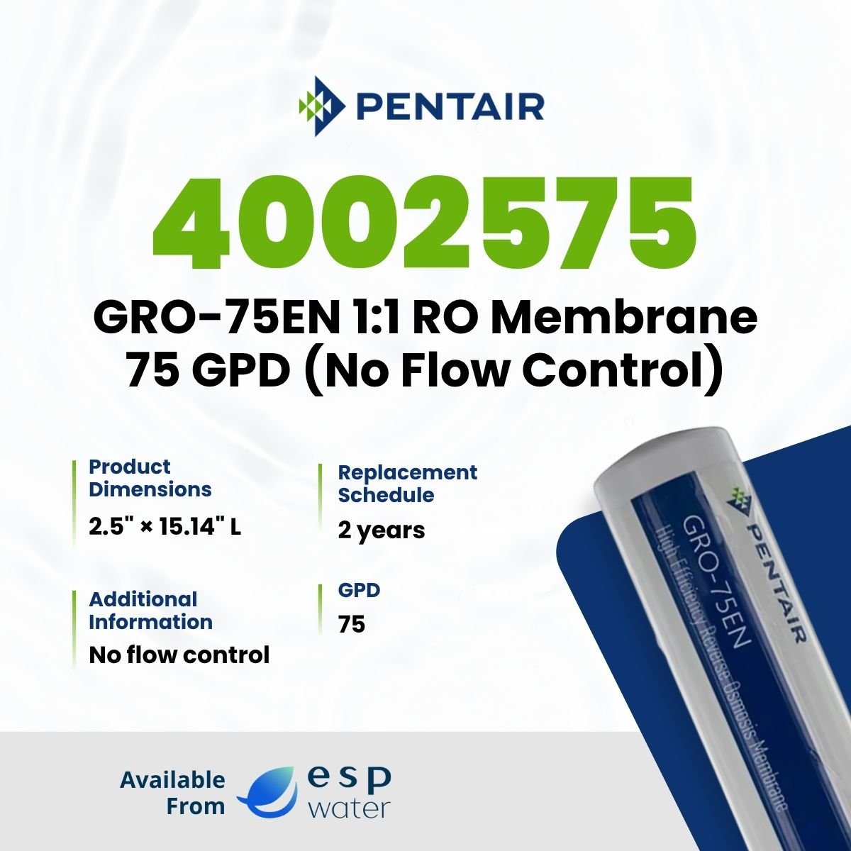 Pentair 4002575 GRO-75EN 75 GPD reverse osmosis membrane specifications