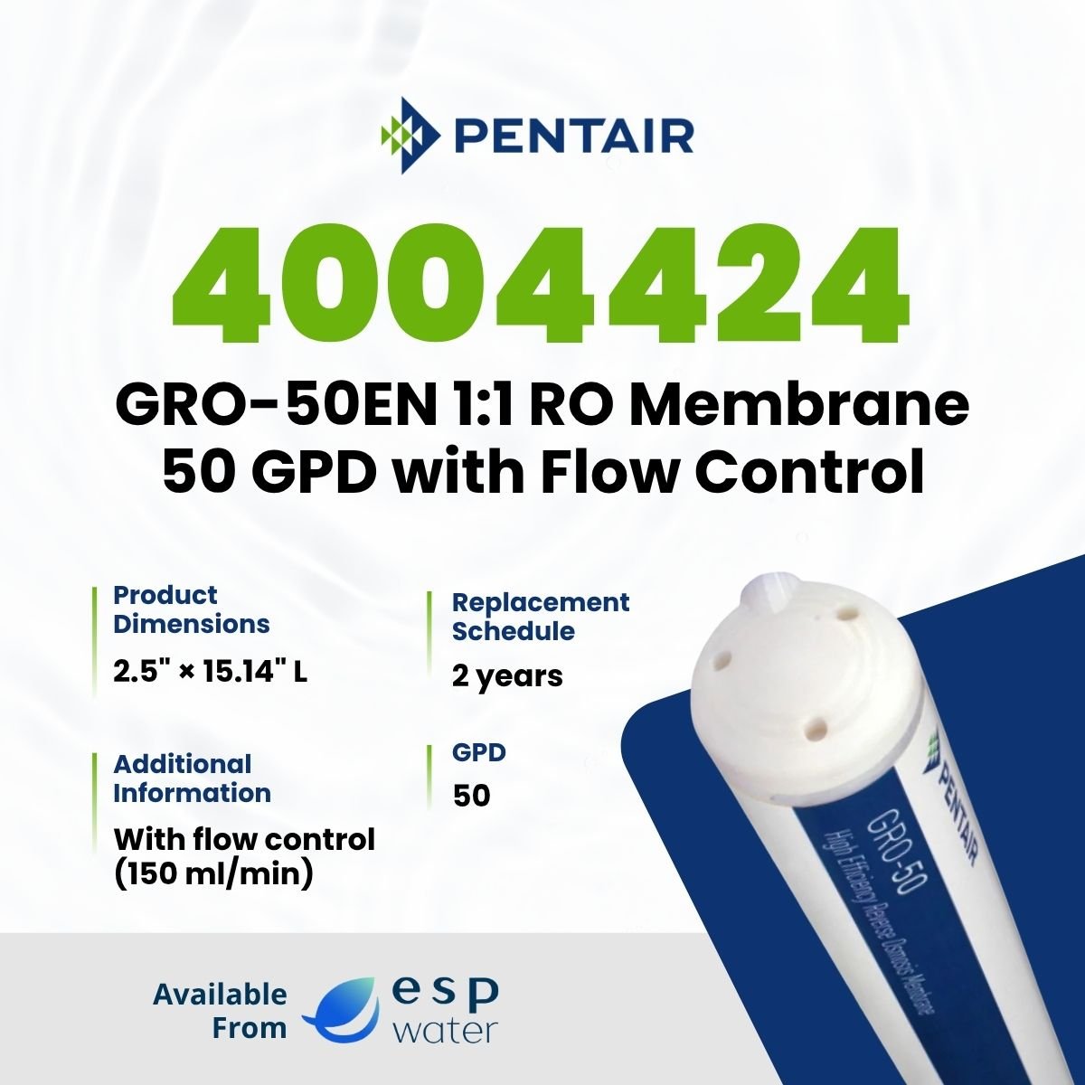 Pentair GRO-50EN specifications for a 50 GPD encapsulated RO membrane with 1-to-1 recovery design