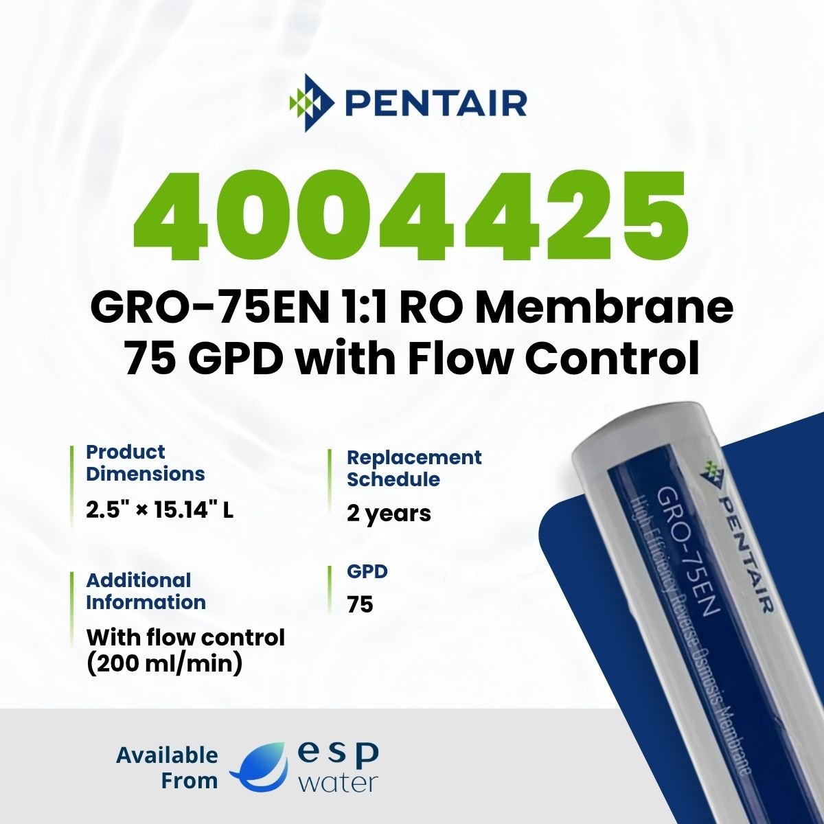 Pentair GRO-75EN specifications with 75 GPD production, 1:1 recovery ratio and integrated flow control
