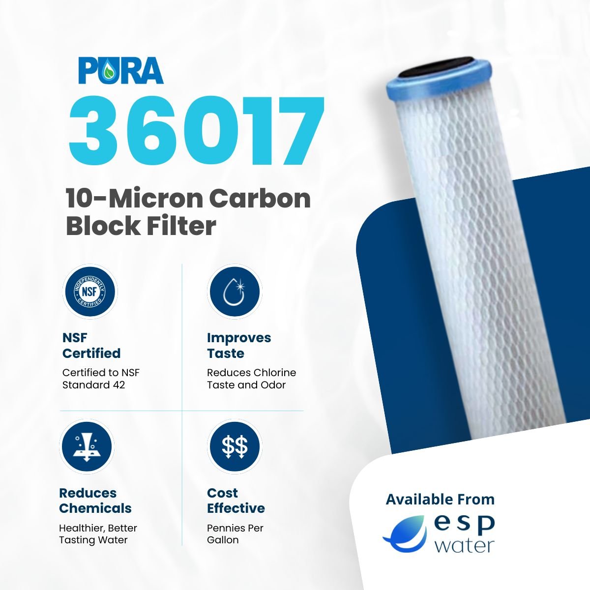 Pura 36017 carbon block filter benefits for reducing chlorine, sediment, taste and odor before UV treatment