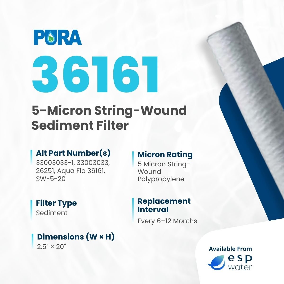 Pura 36161 technical specifications for a 2.5 x 20 inch string-wound polypropylene sediment filter