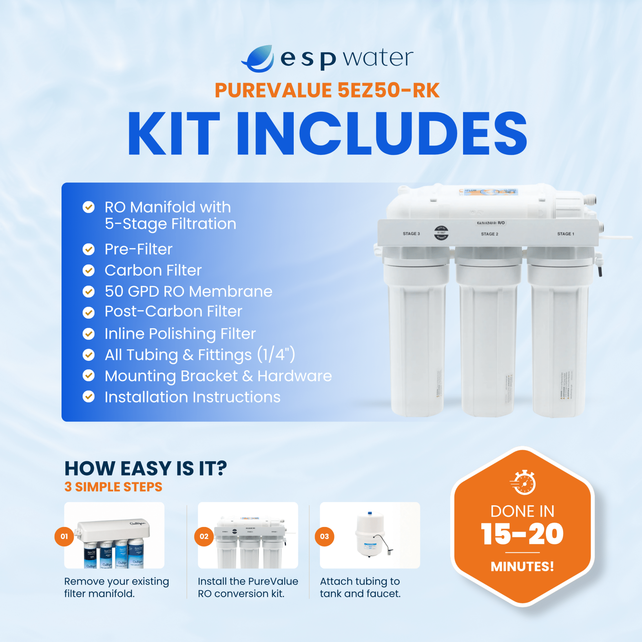PureValue 5EZ50-RK reverse osmosis conversion kit contents with filters and manifold
