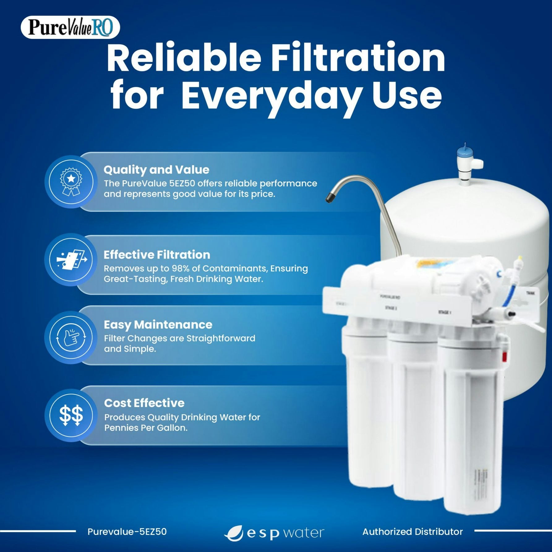 PureValue 5EZ50 RO system features and benefits with dual carbon prefilters and 50 GPD membrane