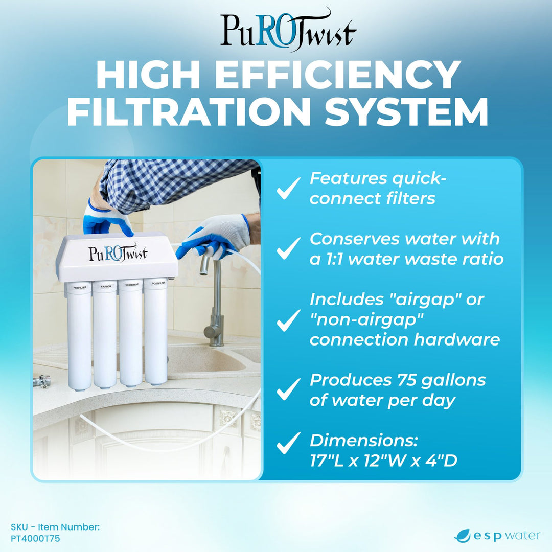 PuROTwist 4000 1:1 RO System with Quick Connect Filters 75 GPD 4 - Stage PT4000T75 - ESP Water
