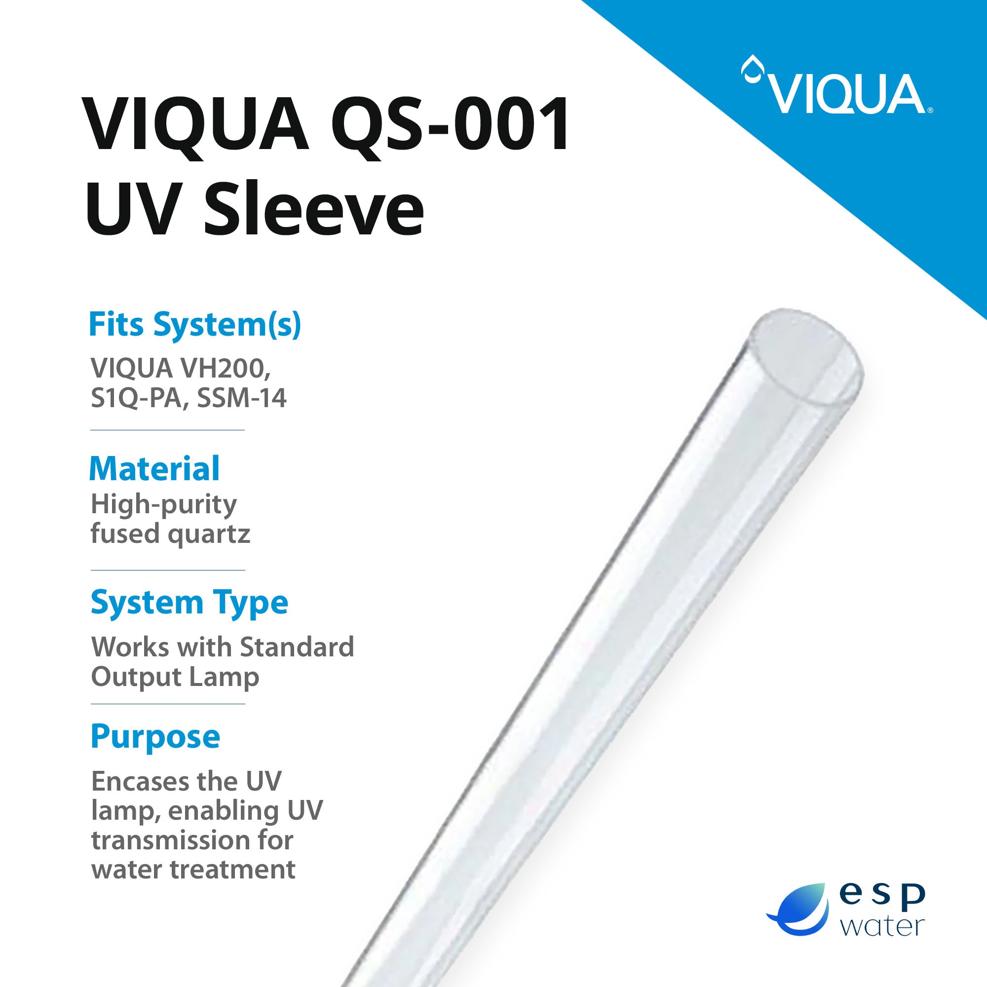 VIQUA QS-001 replacement quartz sleeve specifications for compatible UV systems