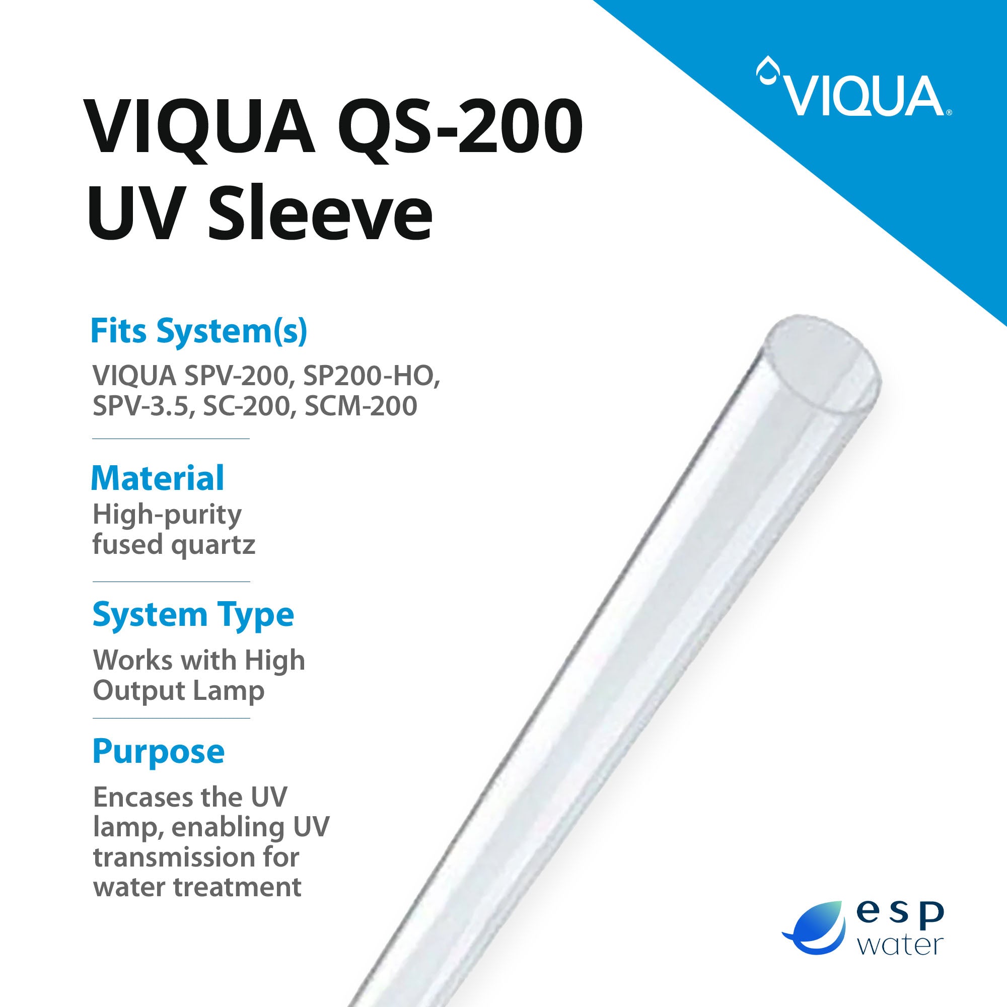VIQUA QS-200 domed replacement quartz sleeve specifications for compatible legacy UV systems