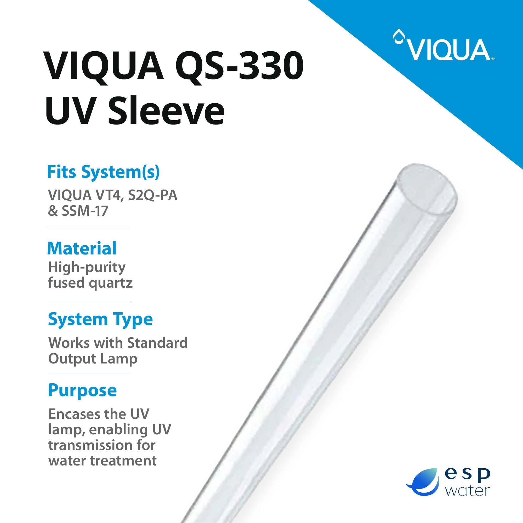 VIQUA QS-330 replacement quartz sleeve specifications for compatible residential UV systems