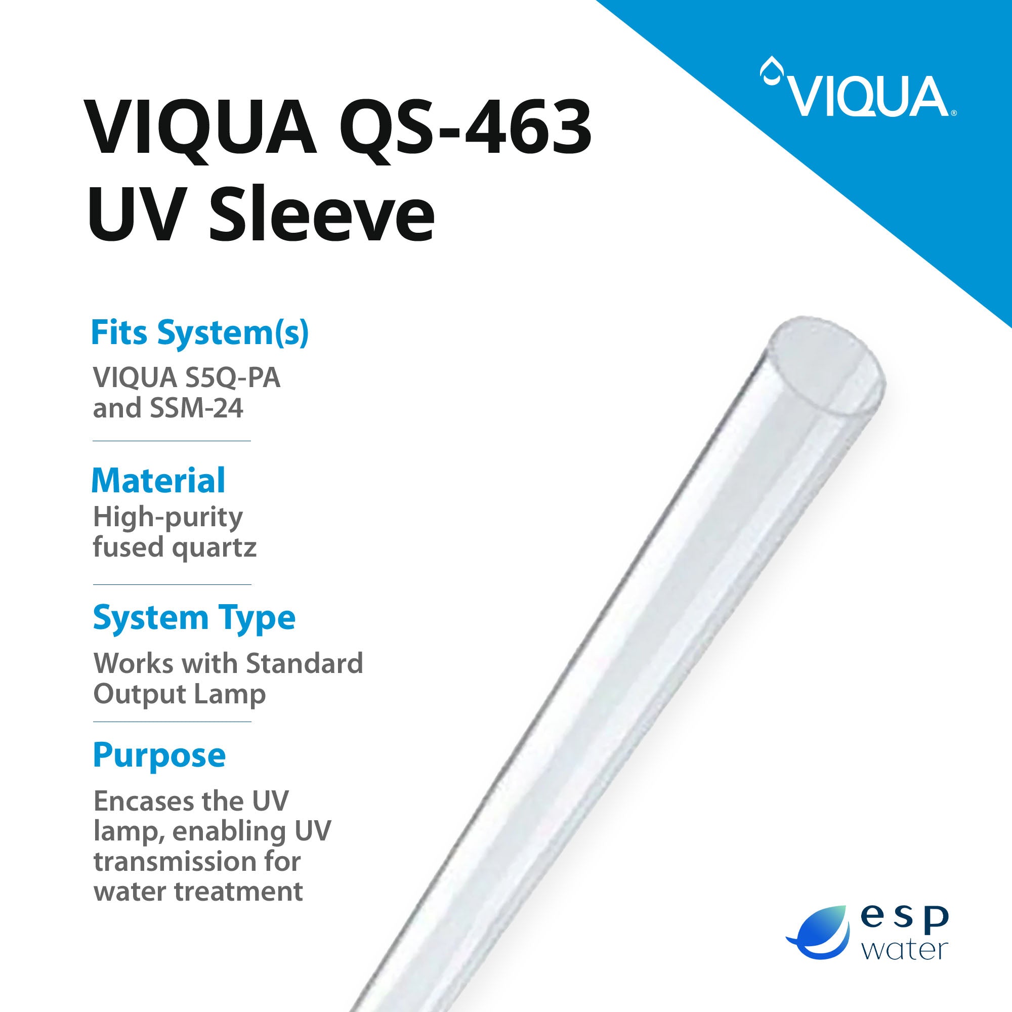VIQUA QS-463 replacement quartz sleeve specifications for compatible S5Q Series UV systems