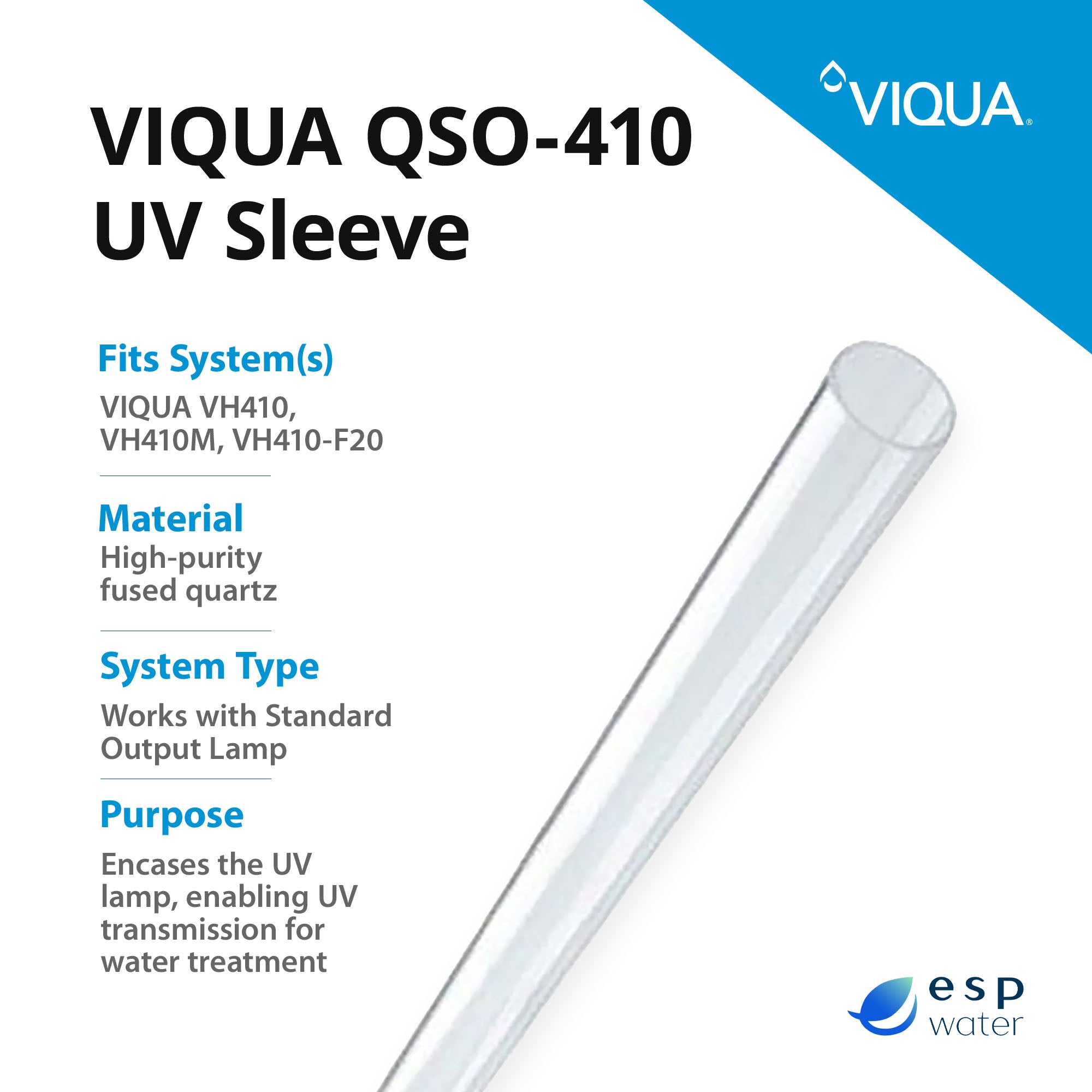 VIQUA QS-410 domed replacement quartz sleeve specifications for compatible legacy UV systems