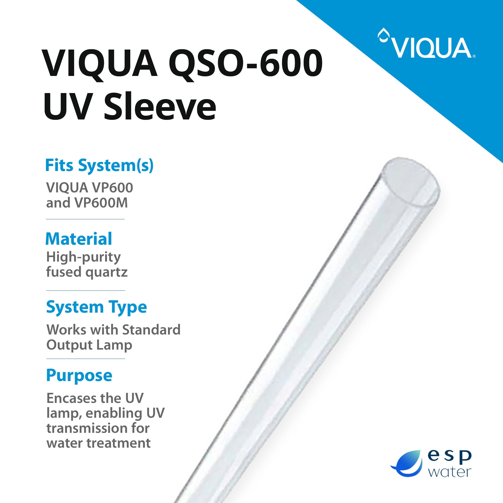 VIQUA QSO-600 replacement quartz sleeve specifications for VP600 Series UV systems