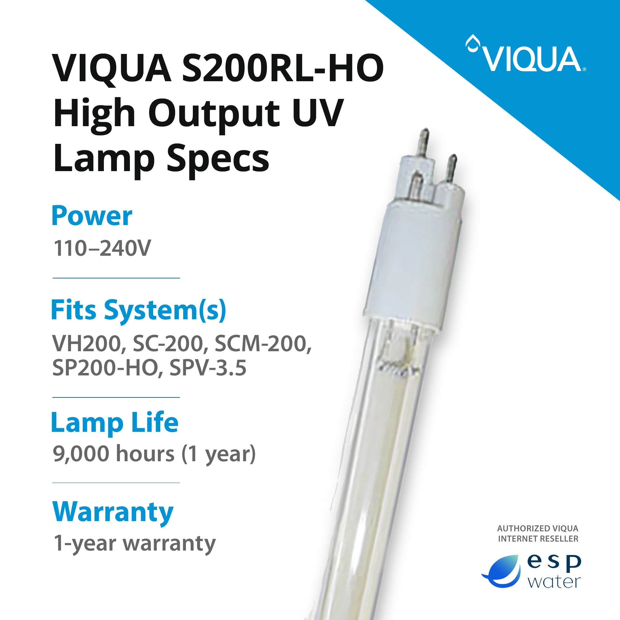VIQUA S200RL-HO UV lamp specifications with recommended 12-month replacement interval