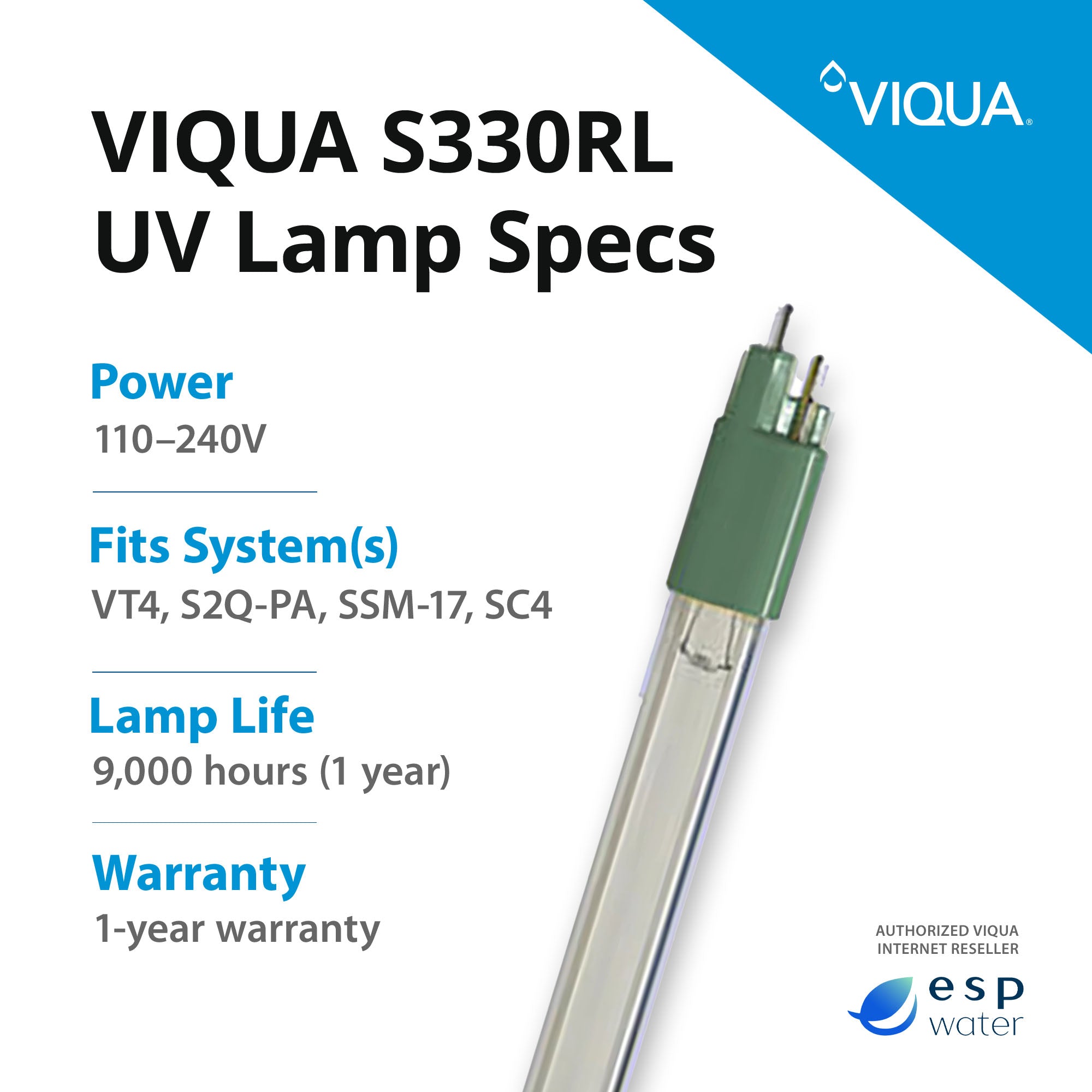 VIQUA S330RL UV lamp specifications with recommended 12-month replacement