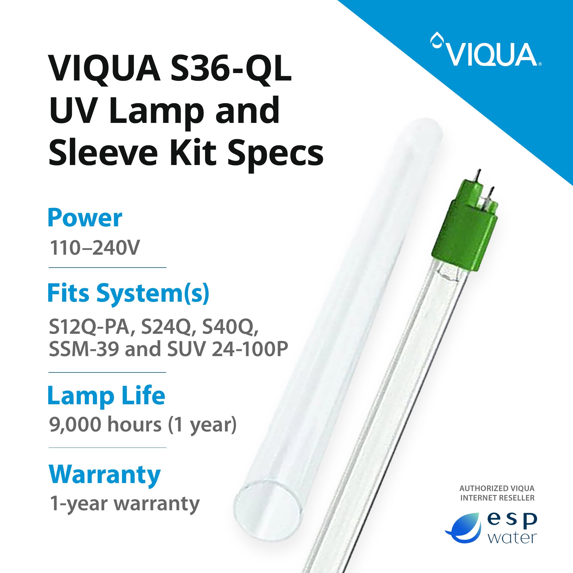 VIQUA S36-QL UV lamp and quartz sleeve kit specifications