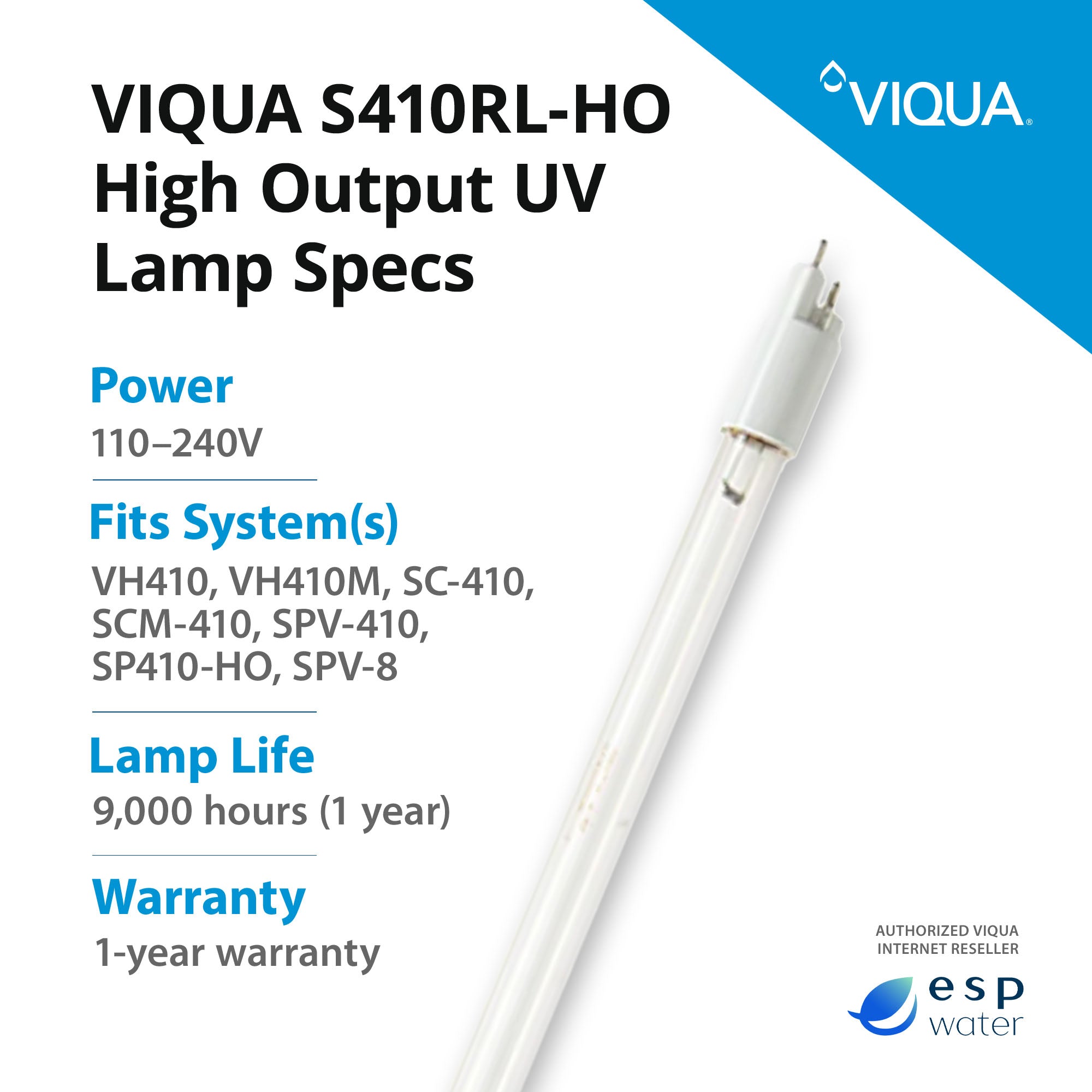 VIQUA S410RL-HO UV lamp specifications with recommended 12-month replacement interval
