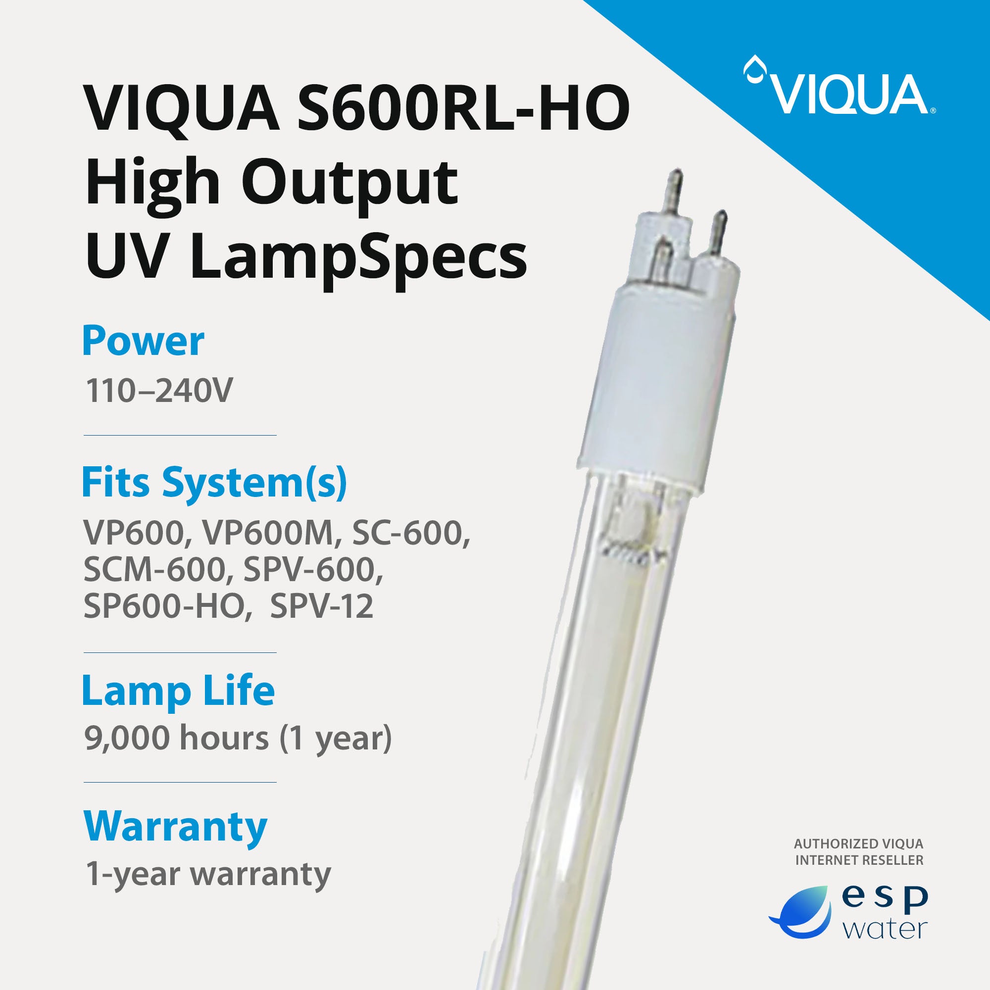 VIQUA S600RL-HO high-output UV lamp specifications with recommended 12-month replacement
