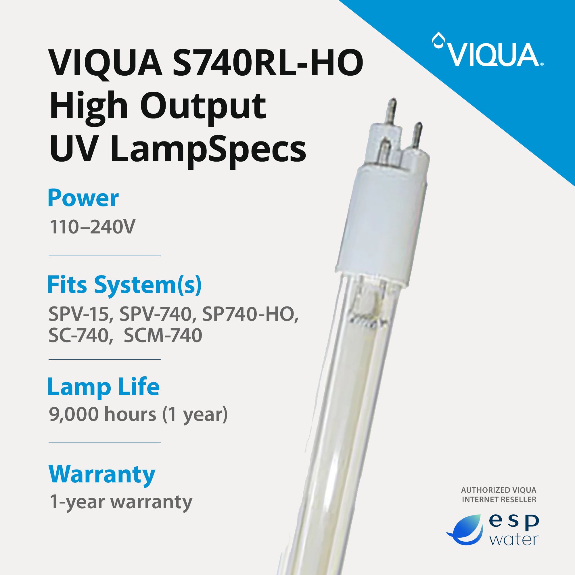 Genuine VIQUA S740RL-HO high-output UV lamp specifications
