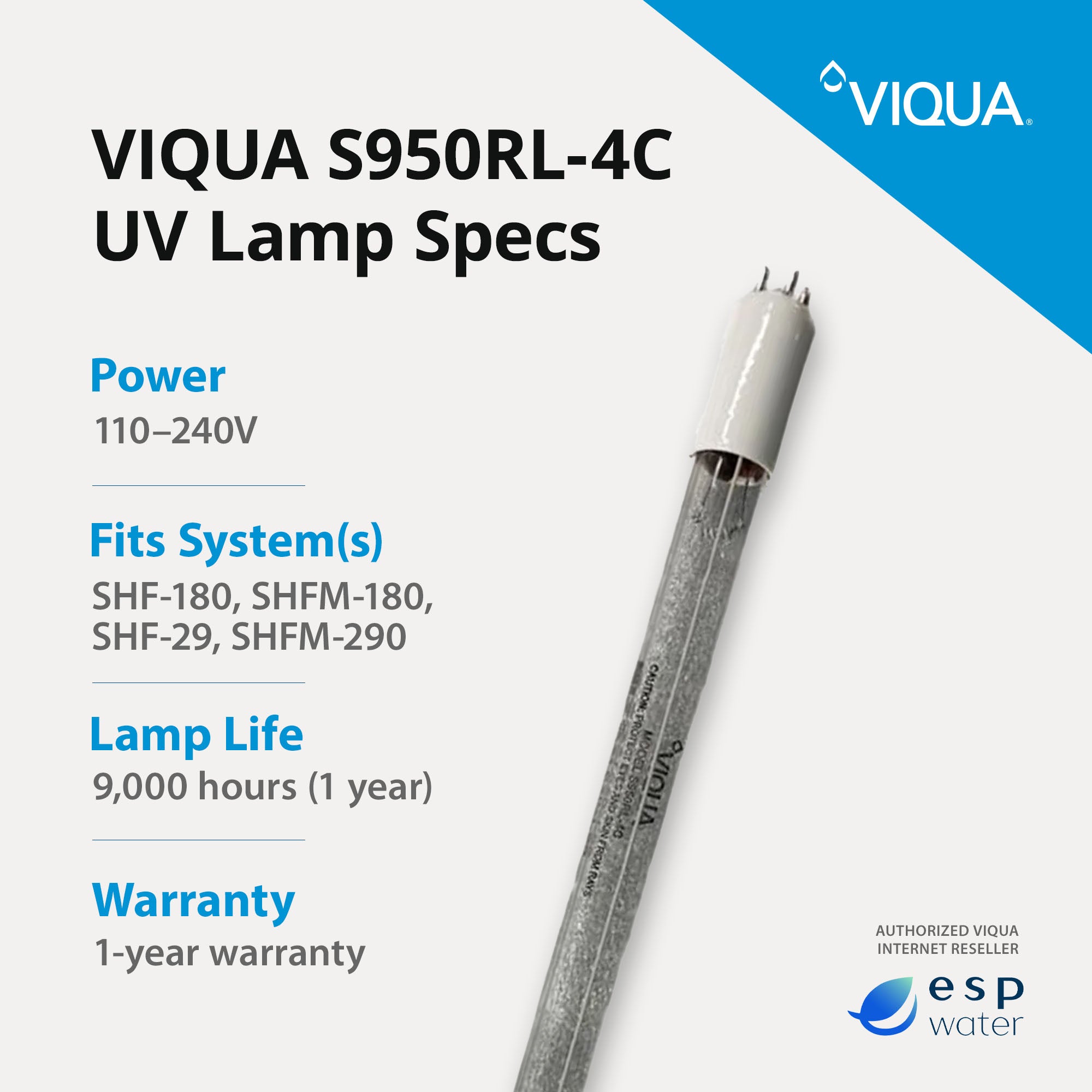 VIQUA S950RL - 4C UV Lamp for SHF - 180, SHFM - 180, SHF - 290 S950RL-4C - ESP Water