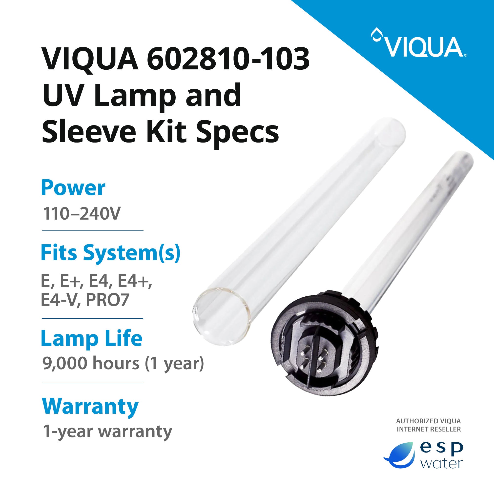 VIQUA 602810-103 UV lamp and quartz sleeve kit specifications with 12-month lamp and 24-month sleeve replacement guidance