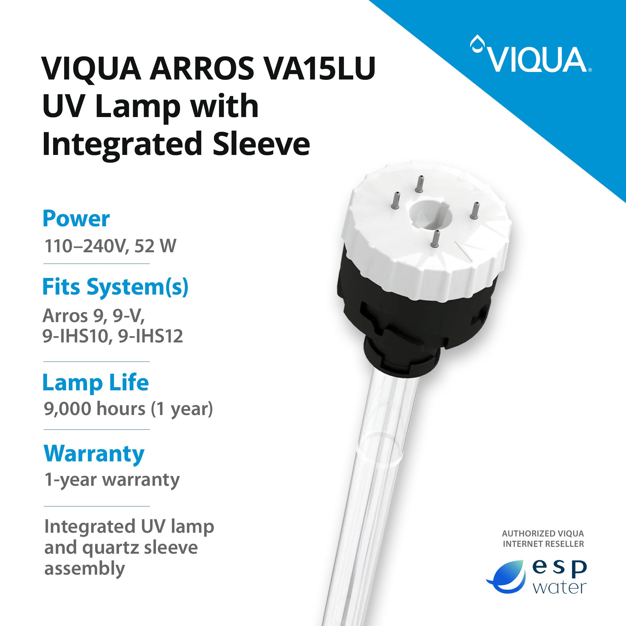 VIQUA VA09LU integrated UV lamp and quartz sleeve specifications
