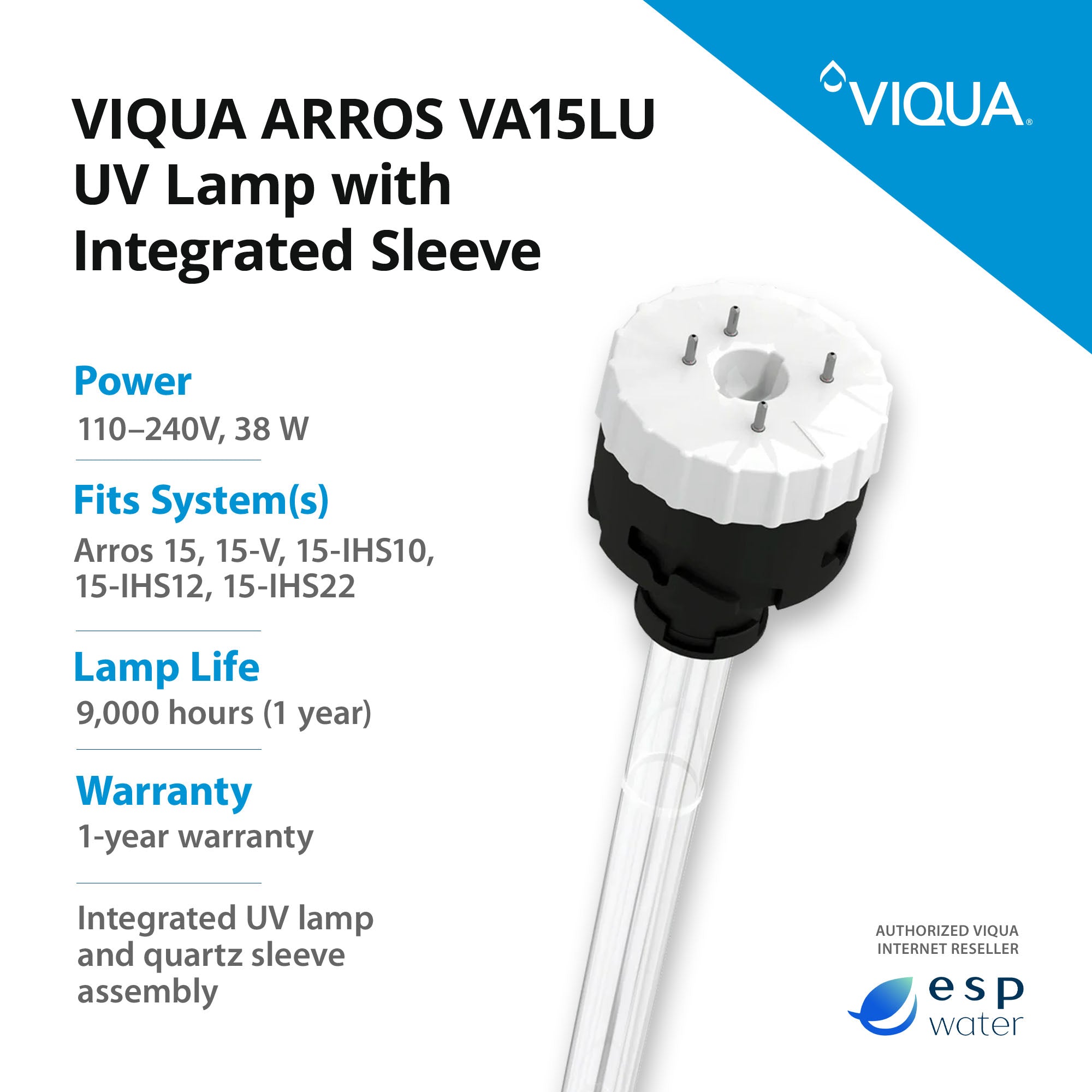 VIQUA VA15LU integrated UV lamp and quartz sleeve specifications