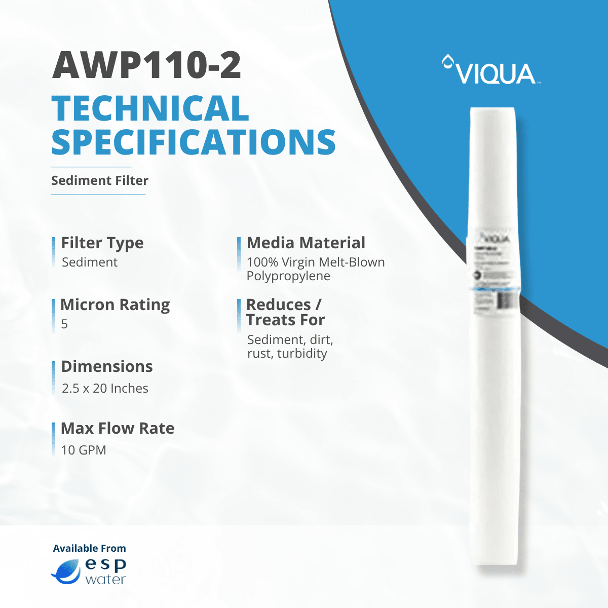 VIQUA AWP110-2 5-micron sediment filter specifications, 2.5 x 20 inch