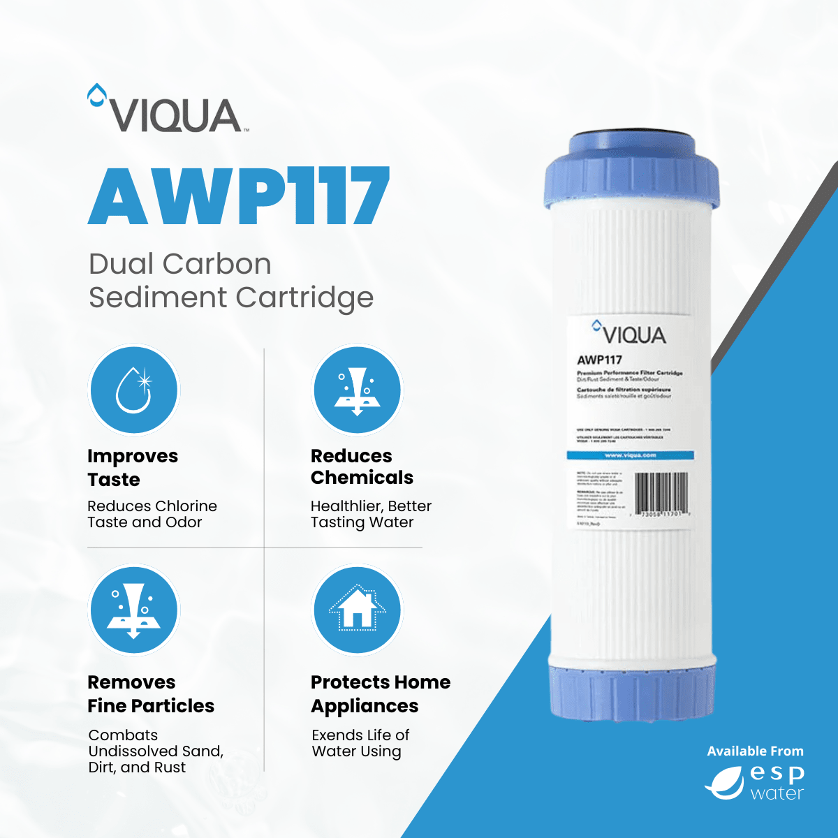 VIQUA AWP117 filter benefits for reducing chlorine taste, odor and sediment down to 5 microns