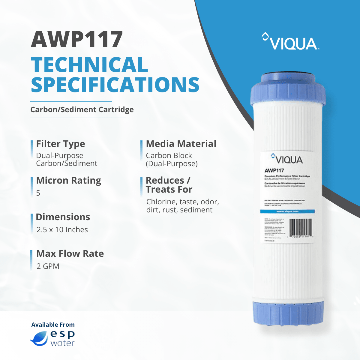 VIQUA AWP117 specifications for a 5-micron 2.5 x 10 inch sediment and carbon block filter