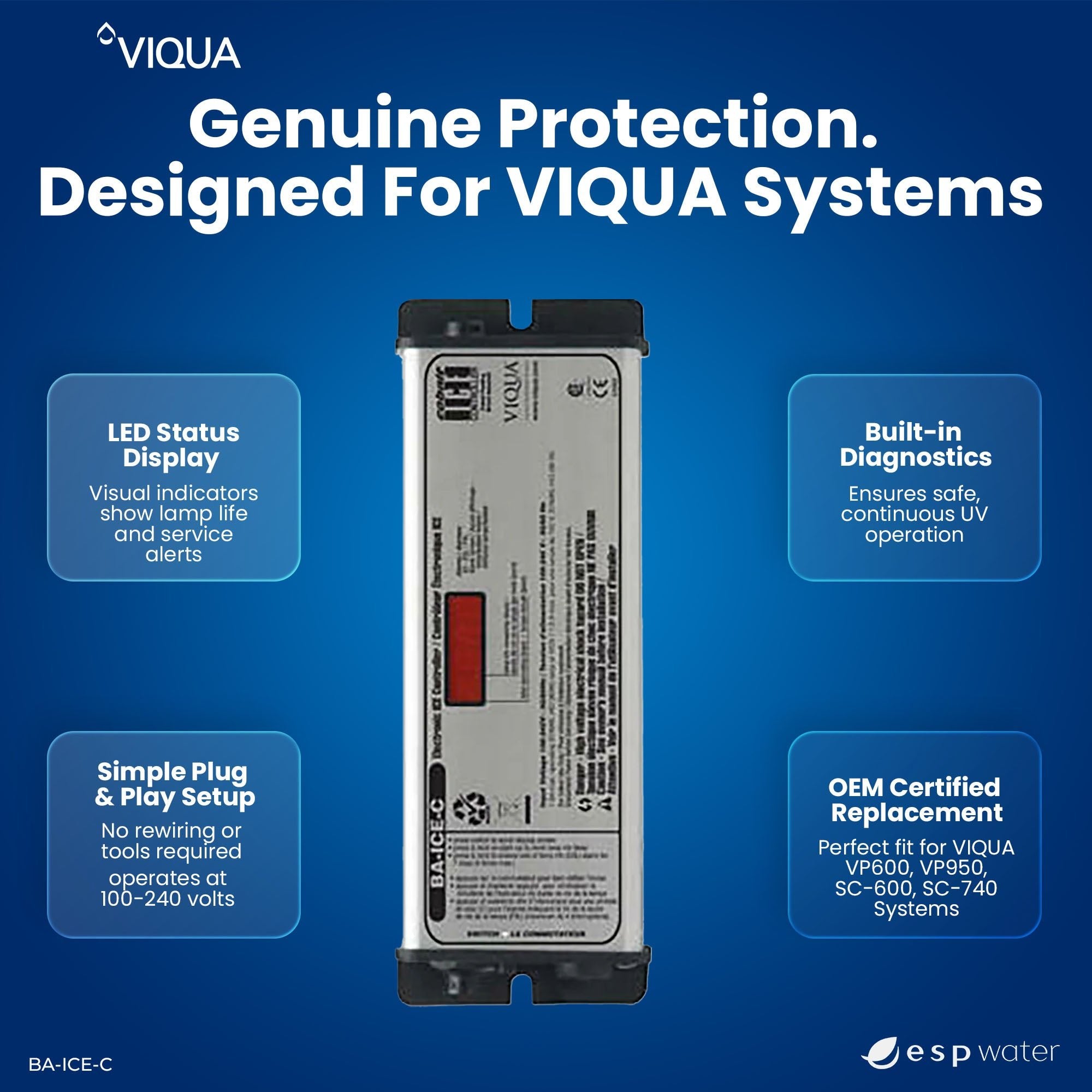 VIQUA BA-ICE-C controller features for VP600, VP950, SC-600 and SC-740 UV systems