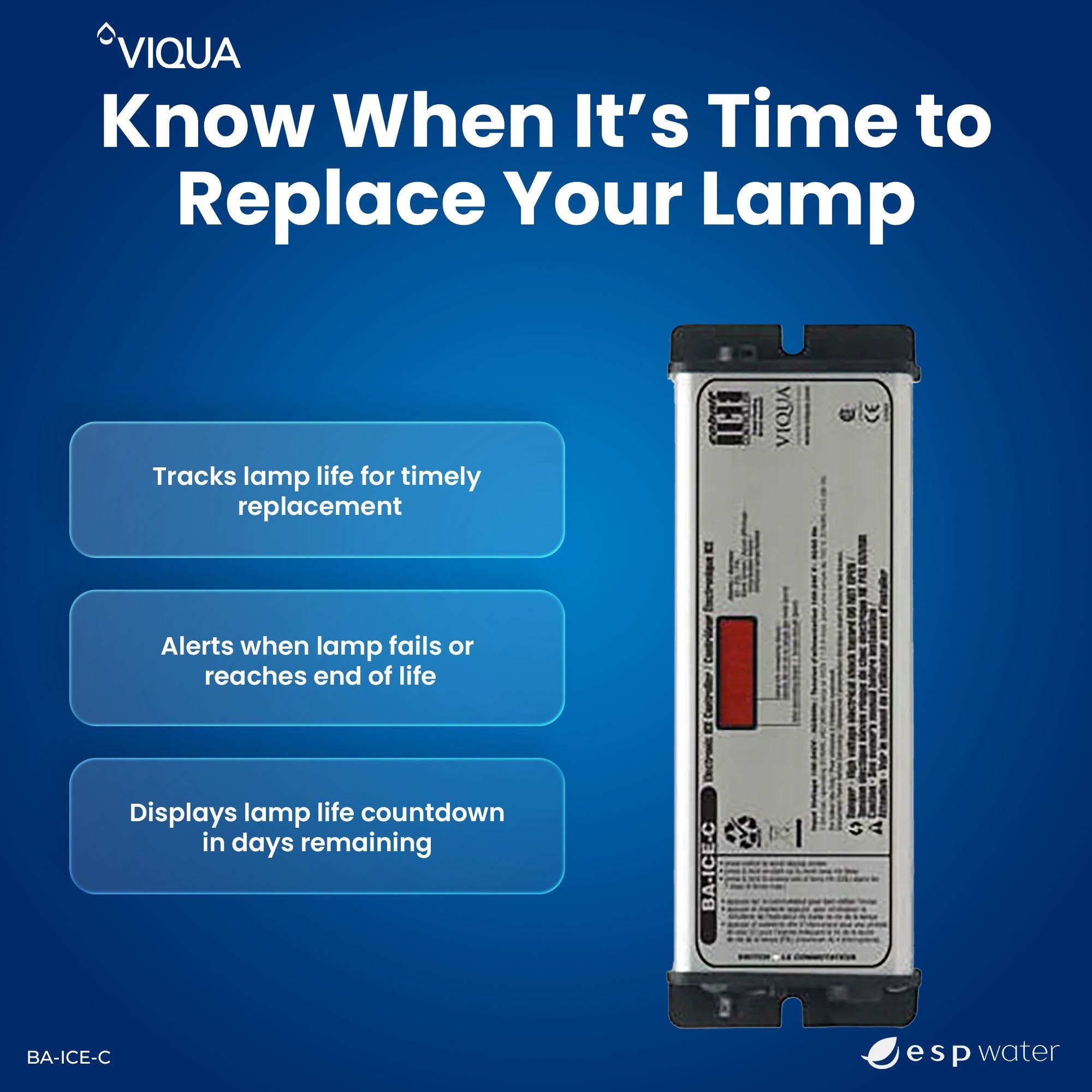 VIQUA BA-ICE-C controller lamp-life display for planning UV lamp replacement