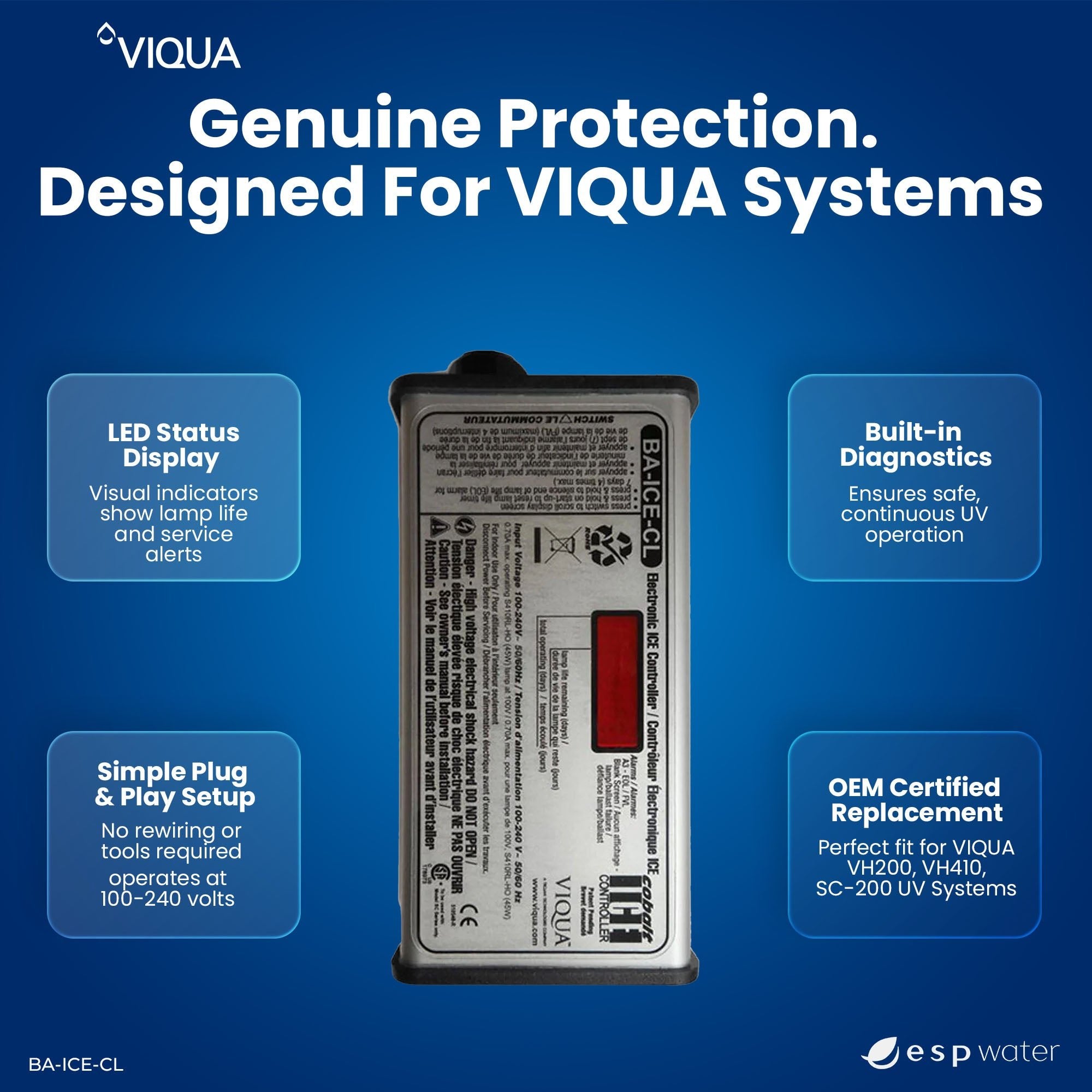 VIQUA BA-ICE-CL controller features with 100-240V input, lamp-life display and audible status alerts