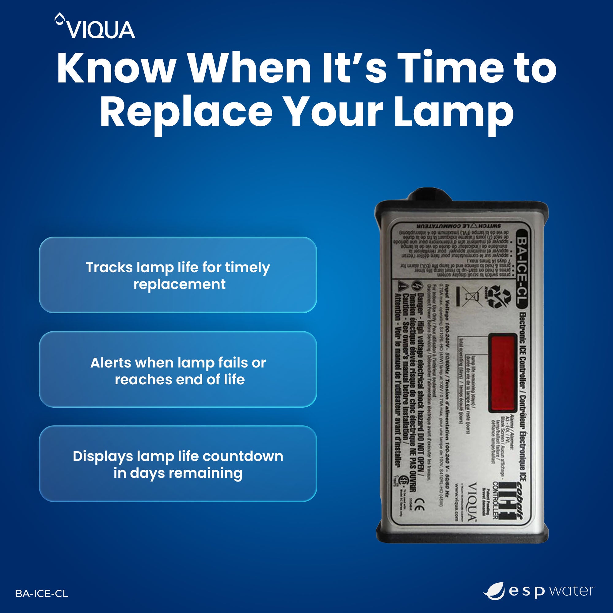 VIQUA BA-ICE-CL UV controller lamp-life countdown and system operating-time display