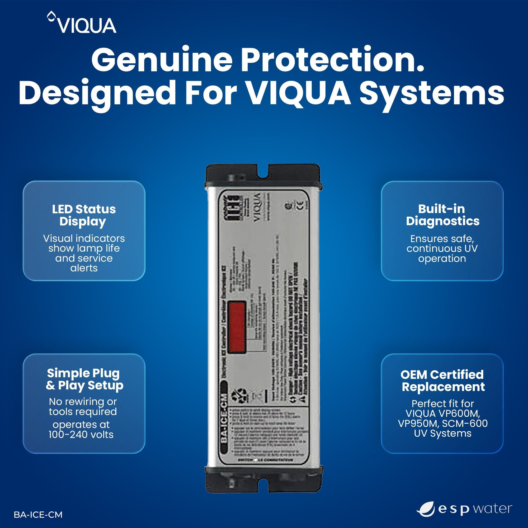 VIQUA BA-ICE-CM controller features for sensor-equipped VP600M and VP950M UV systems