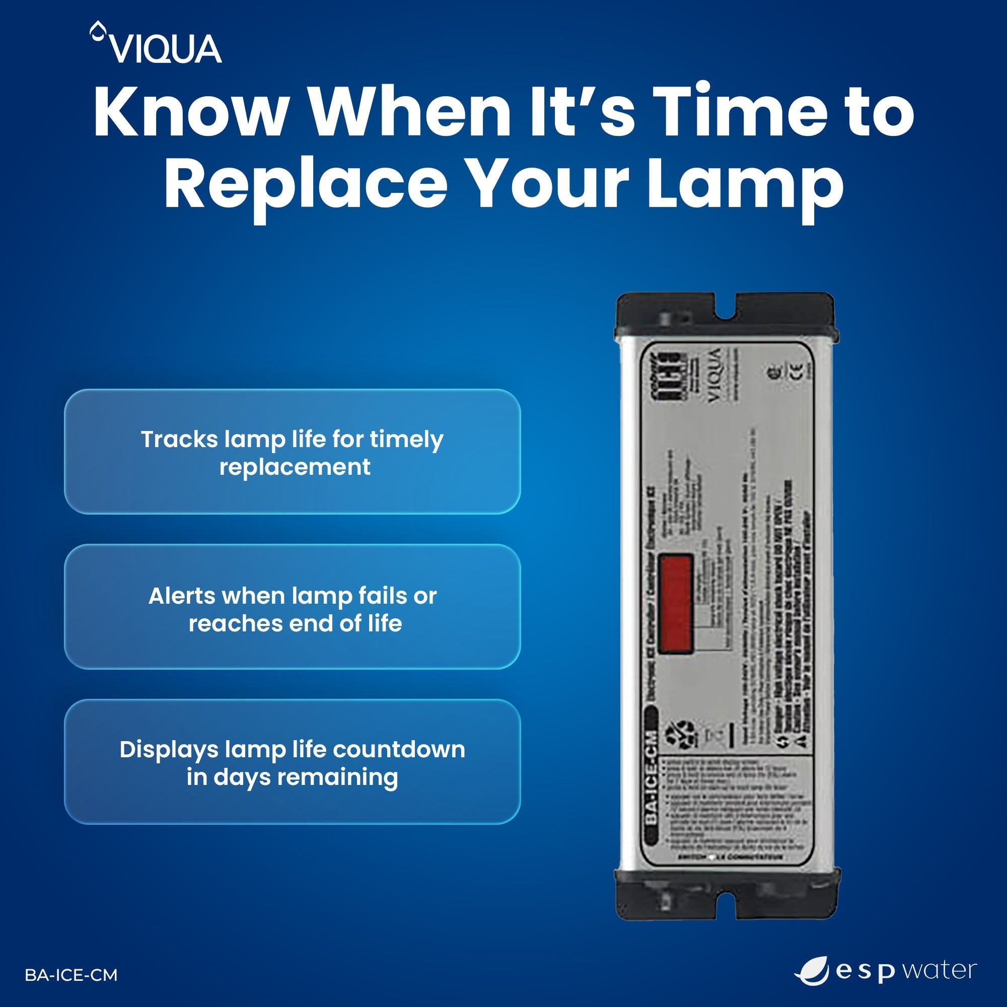 VIQUA BA-ICE-CM controller lamp-life countdown and system status monitoring