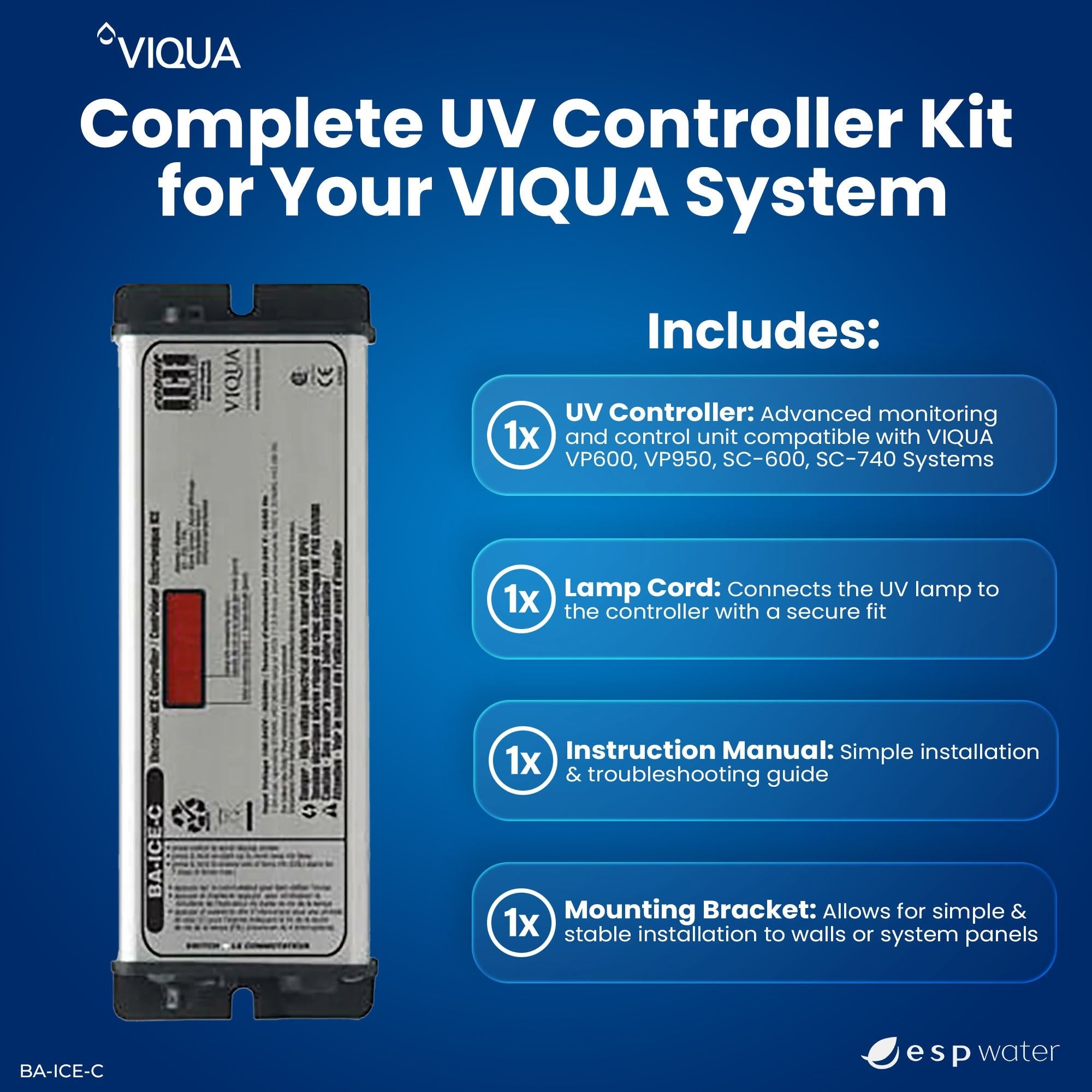 VIQUA BA-ICE-C UV controller replacement kit contents