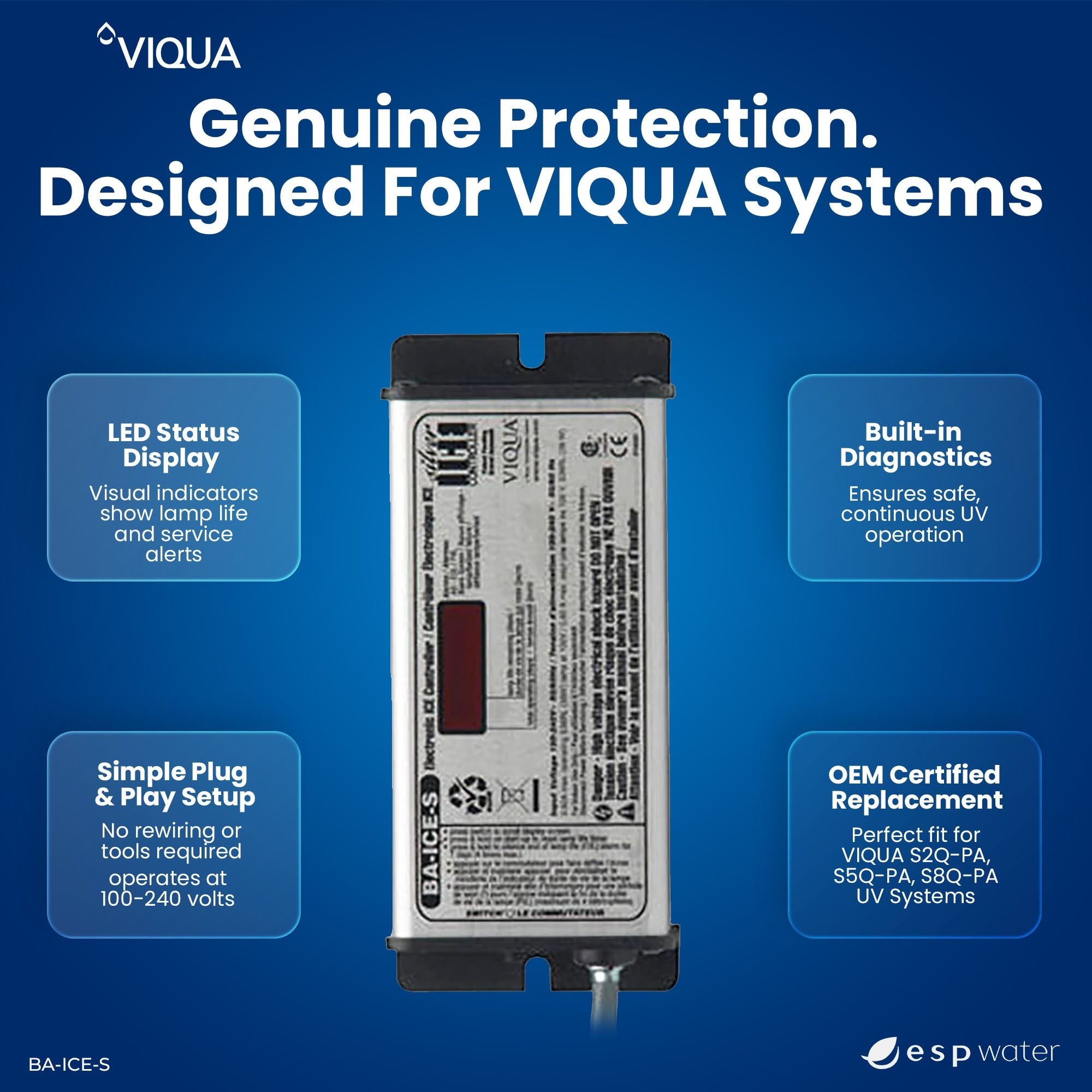 VIQUA BA-ICE-S controller features with 100-240V input, lamp-life tracking and system operation monitoring