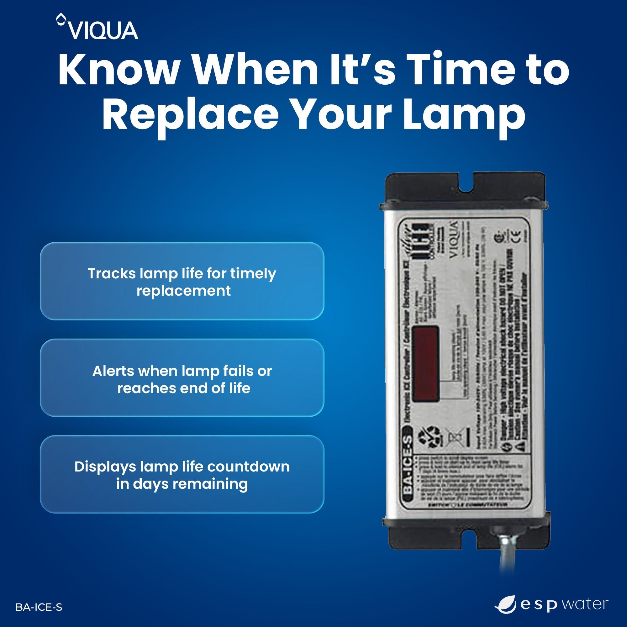 VIQUA BA-ICE-S UV controller lamp-life countdown and system operating-time display