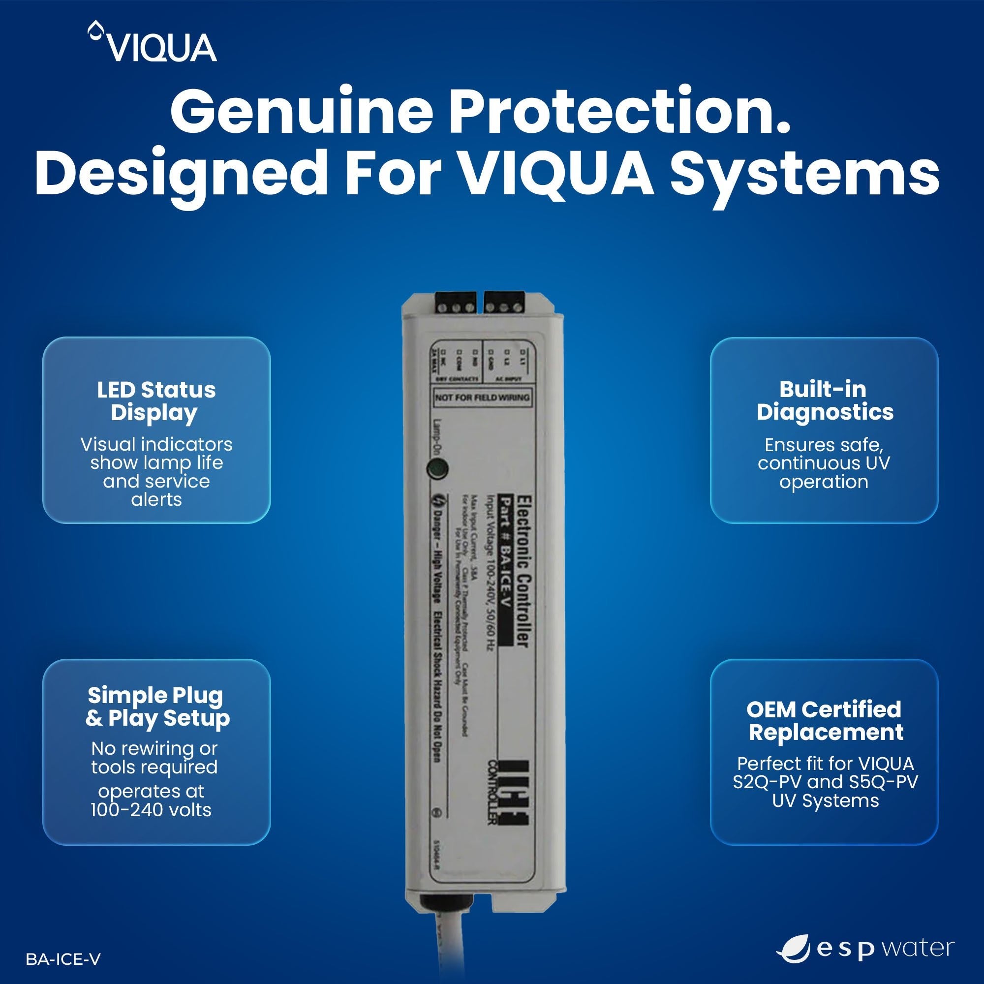 VIQUA BA-ICE-V controller features for compatible S2Q-PV and S5Q-PV UV systems