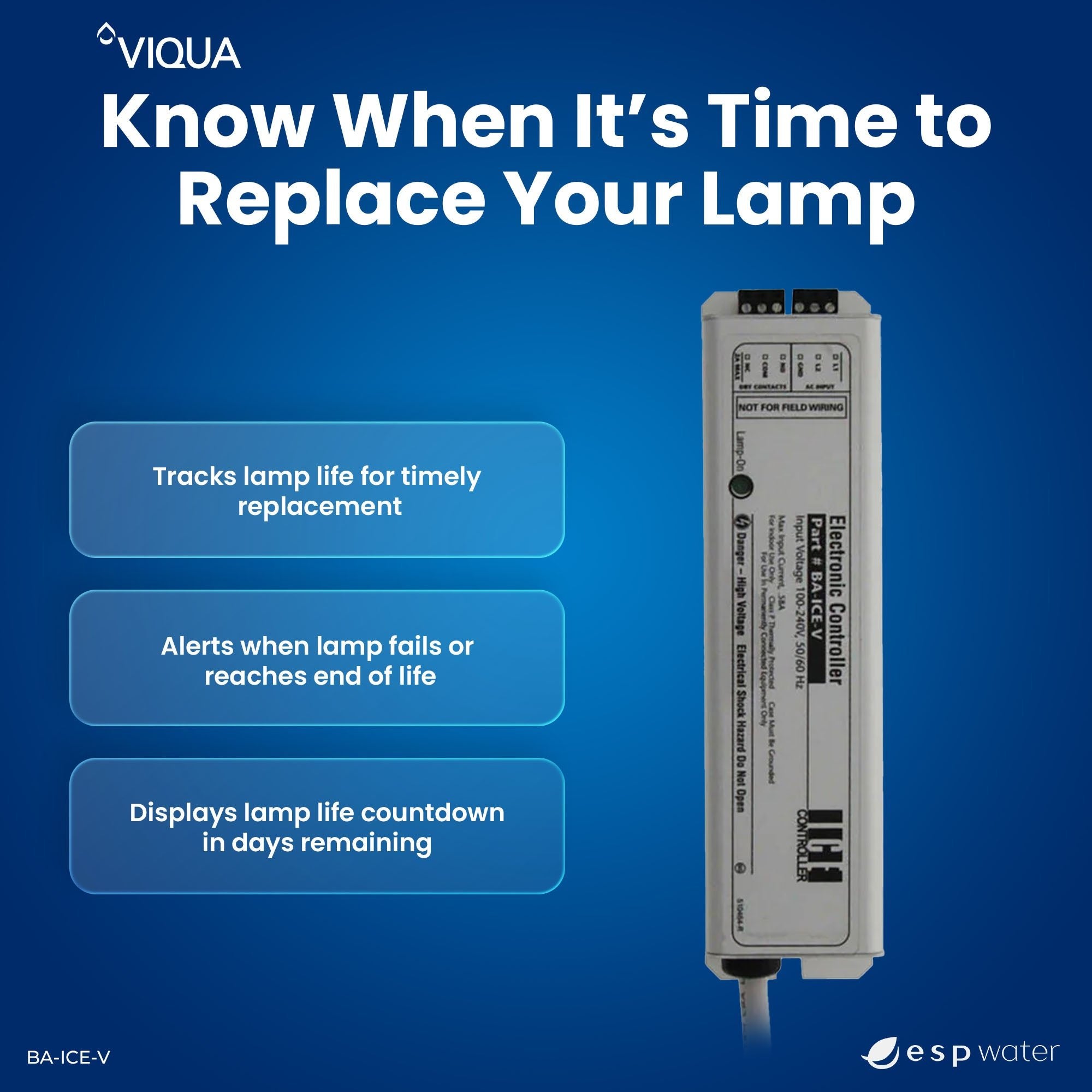 VIQUA BA-ICE-V controller lamp-life countdown for S2Q-PV and S5Q-PV systems