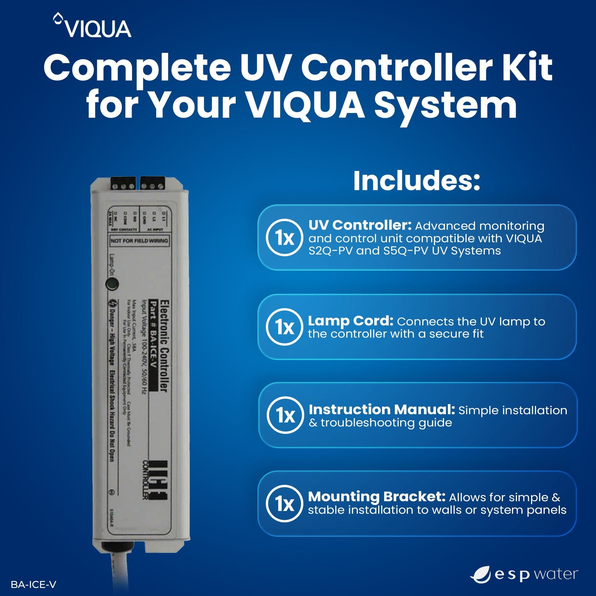 VIQUA BA-ICE-V UV controller replacement kit contents